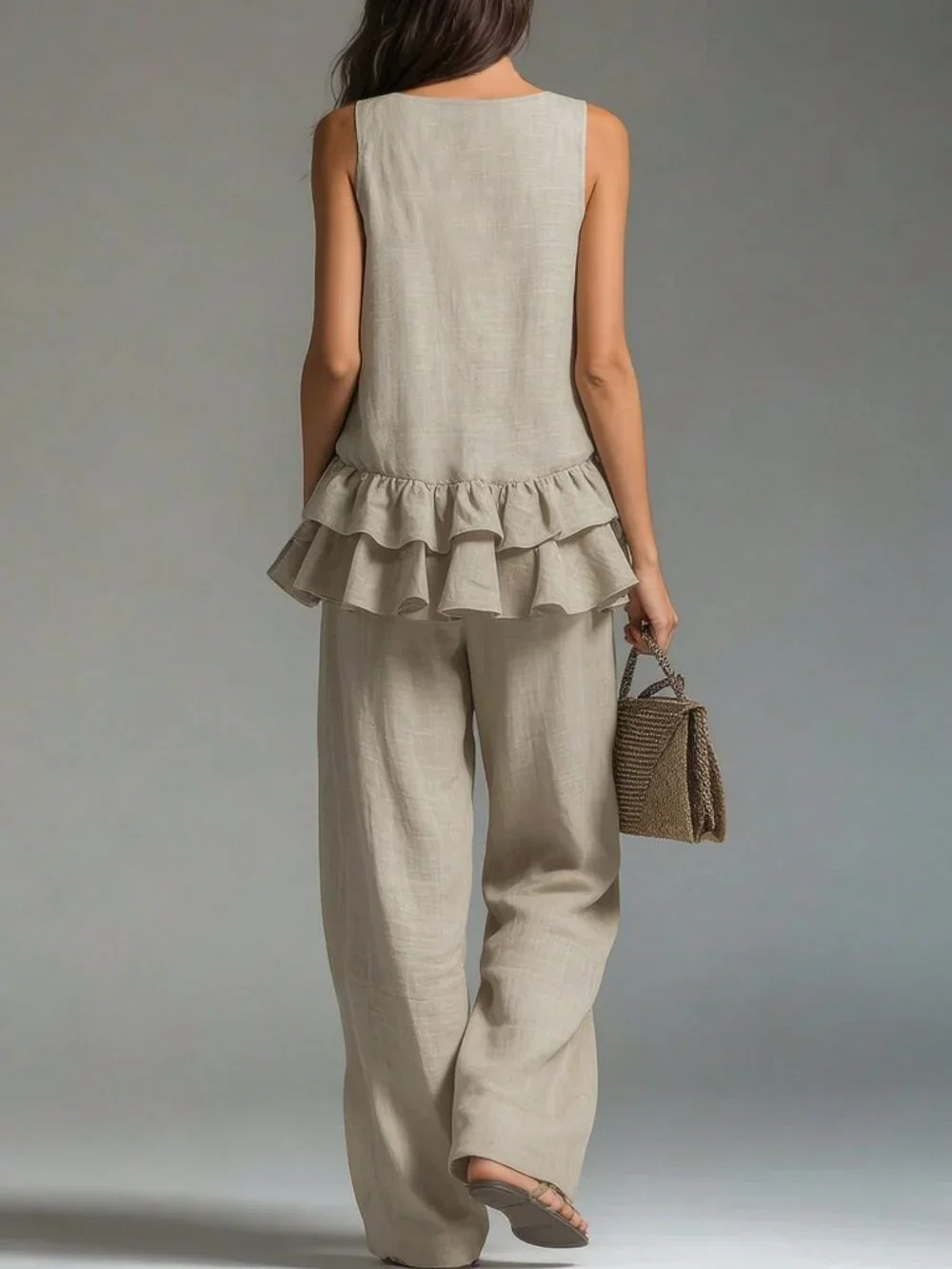 Khaki Boho Women's Ruffle Hem V-Neck Top And Loose Pants Set - Picture 2 of 6